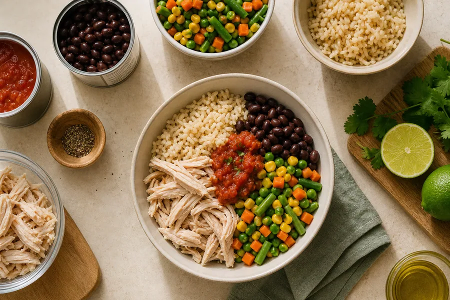 Chicken, rice, beans and vegetables arranged for a quick healthy meal