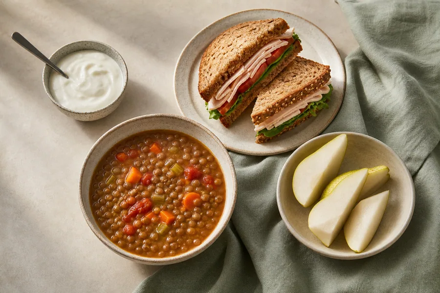 Lentil soup, turkey sandwich, pear and yogurt on a light tabletop