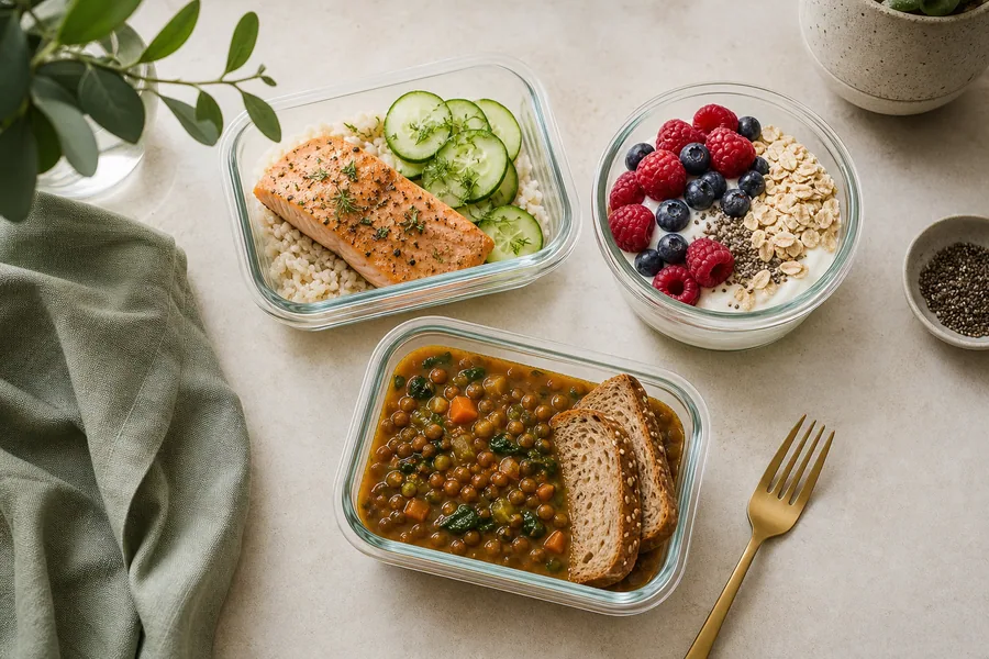 Salmon and rice, lentil soup, and yogurt with berries and oats