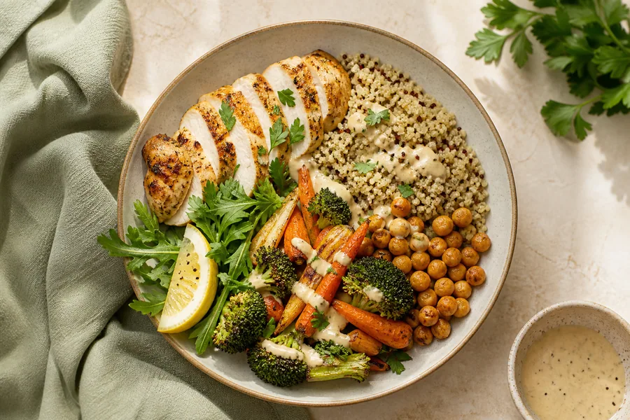 Roasted chicken, quinoa, chickpeas, carrots, broccoli and greens