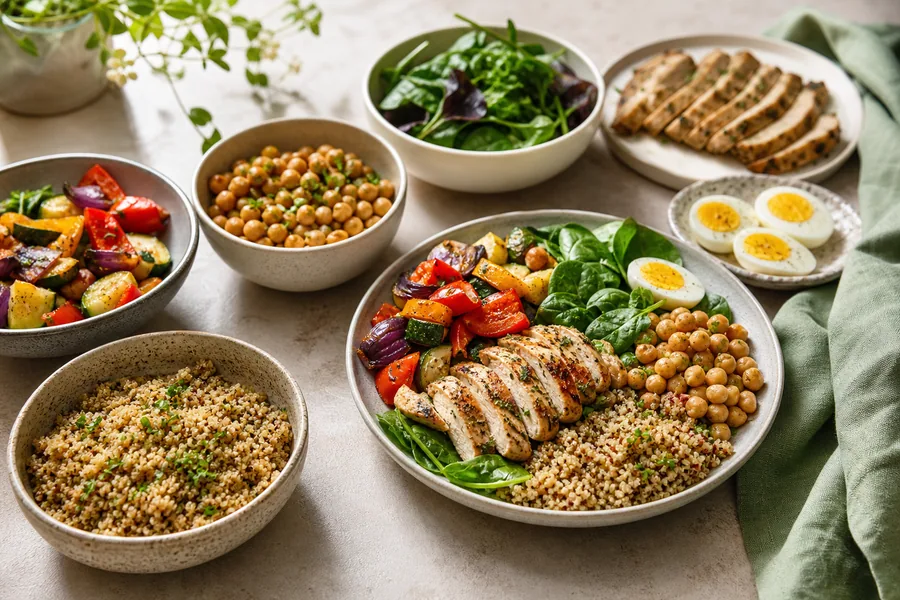 Chicken, quinoa, chickpeas, eggs, greens and roasted vegetables for mix-and-match meals