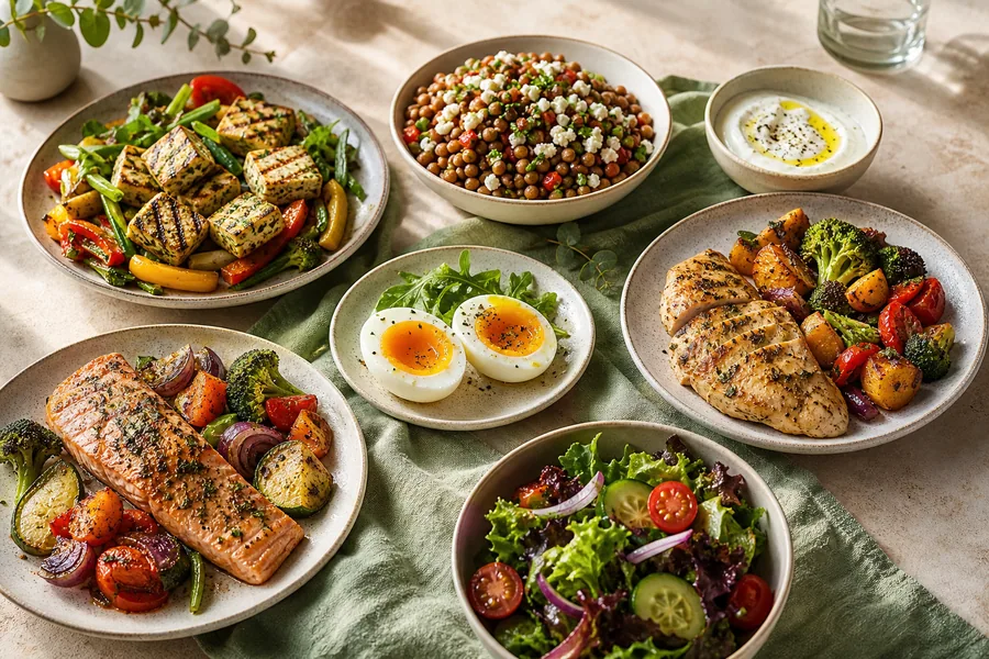 Tofu, lentils, eggs, chicken and salmon served with colorful vegetables