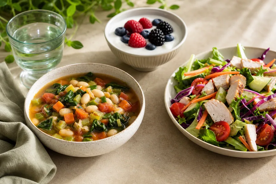 White bean vegetable soup, chicken salad, yogurt and berries