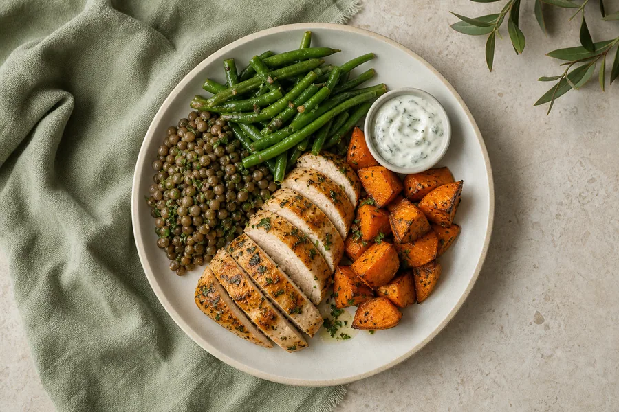 Herb chicken, lentils, sweet potatoes, green beans, and yogurt sauce on a plate