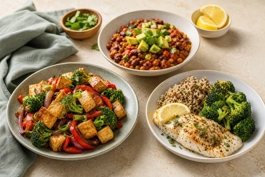 Tofu stir-fry, bean chili and white fish with quinoa and broccoli