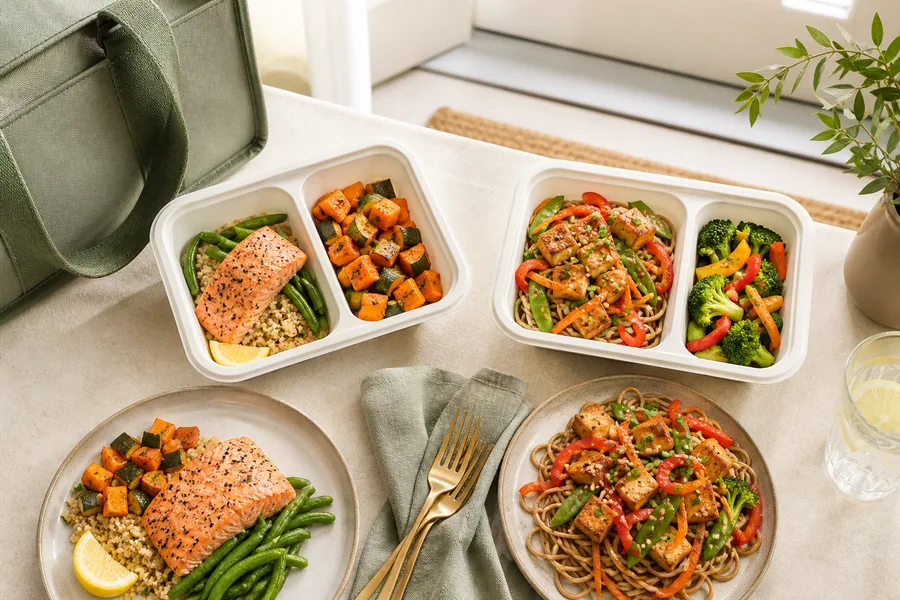 Two unbranded prepared meals with salmon, tofu, grains, noodles and vegetables