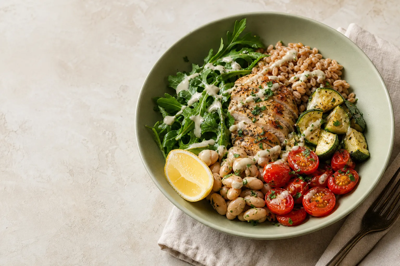 Chicken, farro, white beans, greens, tomatoes, zucchini, and lemon in a sage bowl